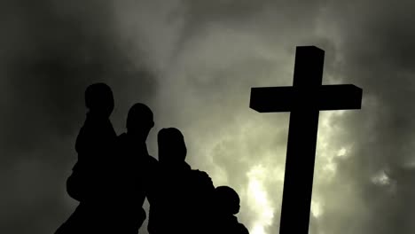 animation of silhouette of christian cross and a family over stormy sky