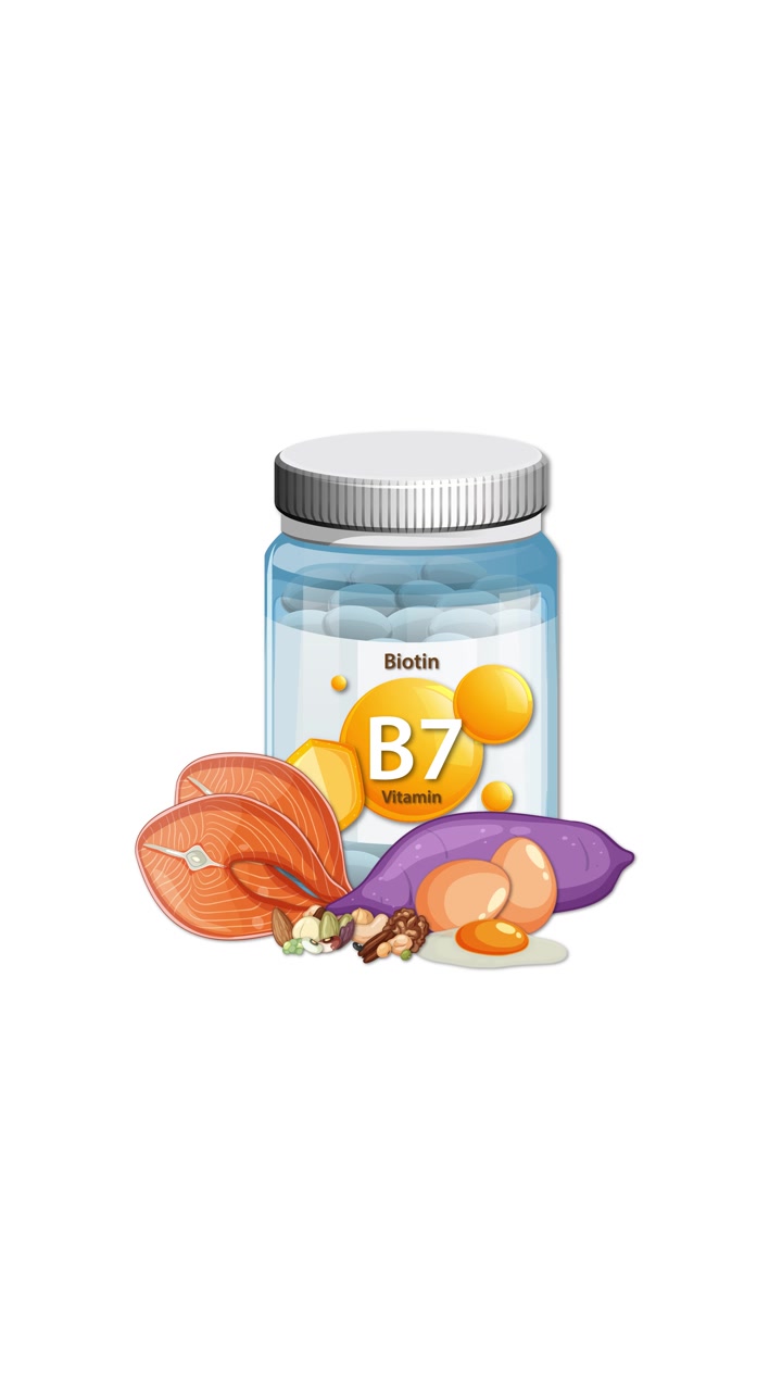Flacone di Vitamina B7 con alimenti ricchi di biotina che appaiono gradualmente, sfondo bianco pulito, transizioni fluide, formato verticale.