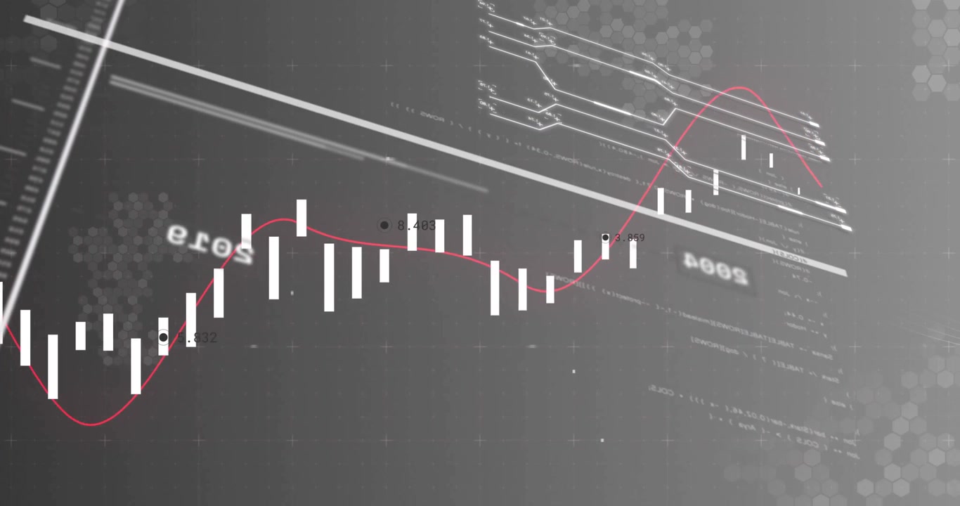 Flat design financial chart displaying rising candlestick bars, with red trend curve over dark grid
