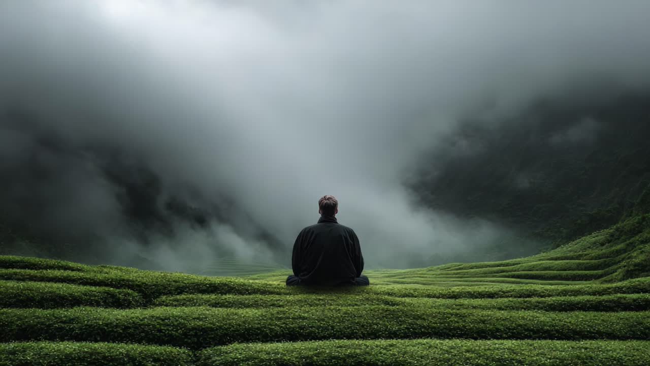 Tranquil Meditation: A Solemn Figure Contemplates Serenity Amidst Lush Greenery and Enveloping Mist in a Peaceful Landscape
