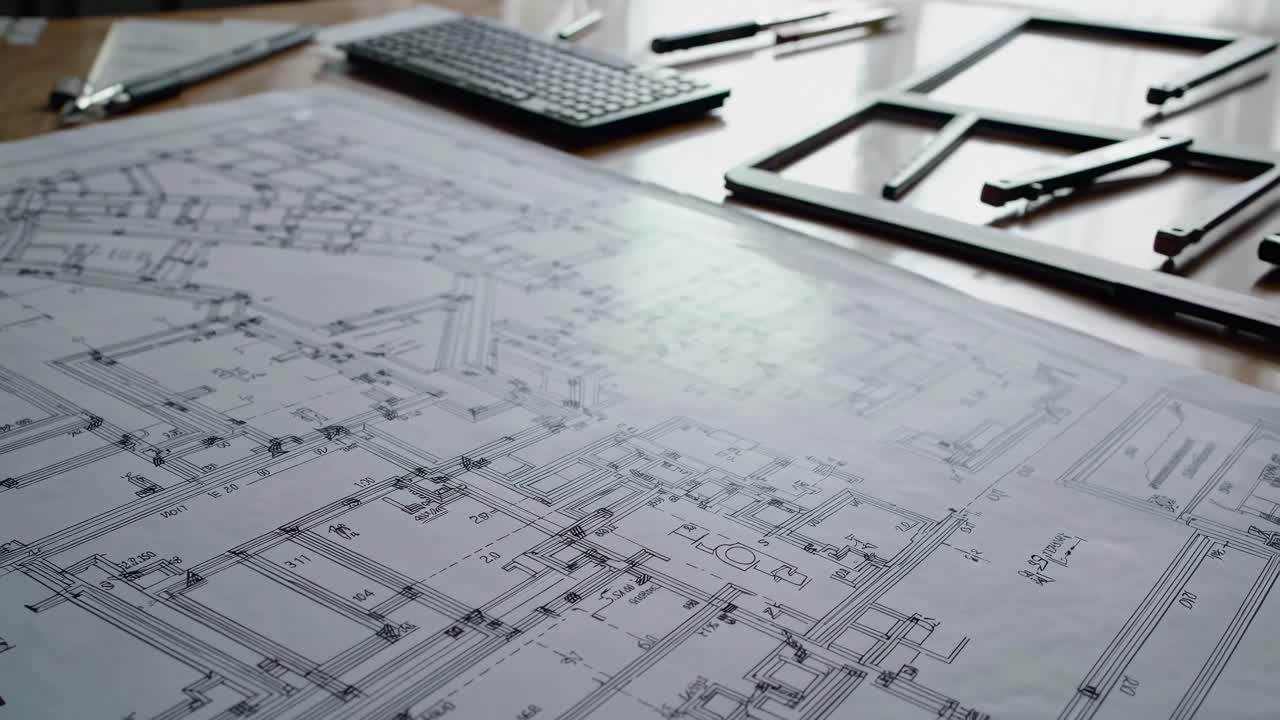 Aerial view of architectural blueprints on a desk, surrounded by drafting tools and a keyboard