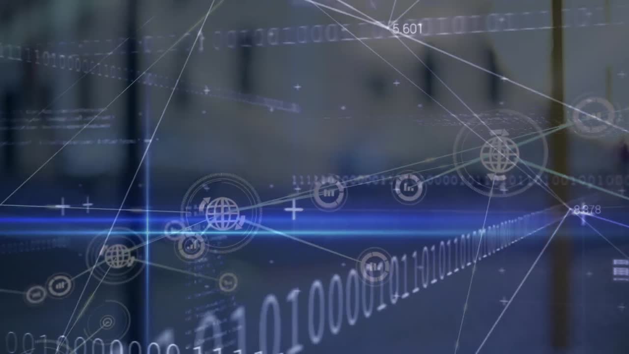 디지털 아이콘 네트워크의 애니메이션과 데이터 처리가 창문에서 도시의 교통을 볼 수 있습니다.