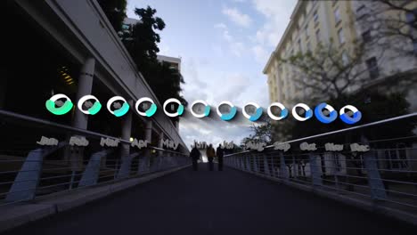 Animation-of-statistical-data-processing-against-time-lapse-of-people-walking-on-city-bridge