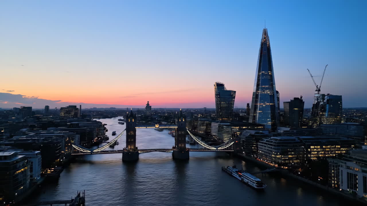 Panoramic Night View of London Skyline with Tower Bridge and The Shard