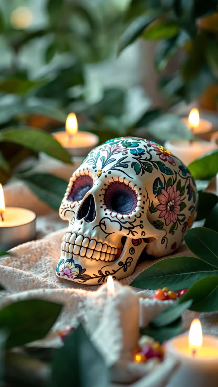 cráneo de azúcar decorado con flores y velas