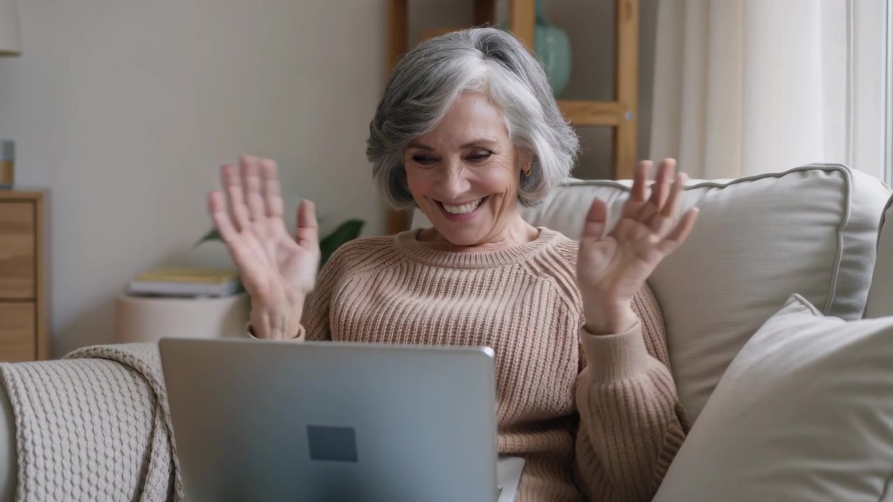 Winkende ältere Frau in geripptem Pullover und Jeans reagiert im Wohnzimmer auf einen neuen Anruf auf dem Laptop.