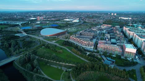 lee valley velopark cycling centre on queen elizabeth olympic park stratford east london aerial view pull back