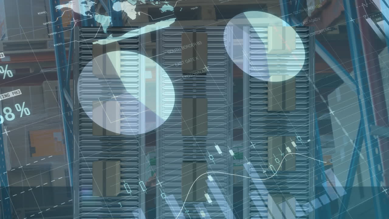 배경에서 컨베이어 벨트에 있는 카드보드 상자 위에서 통계 처리의 애니메이션