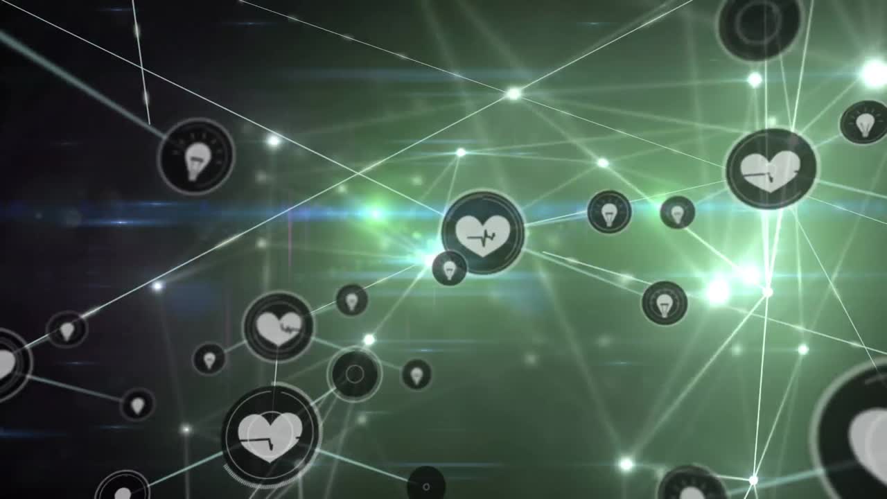 검은색 배경에 아이콘과 빛 반점이 있는 연결 네트워크의 애니메이션