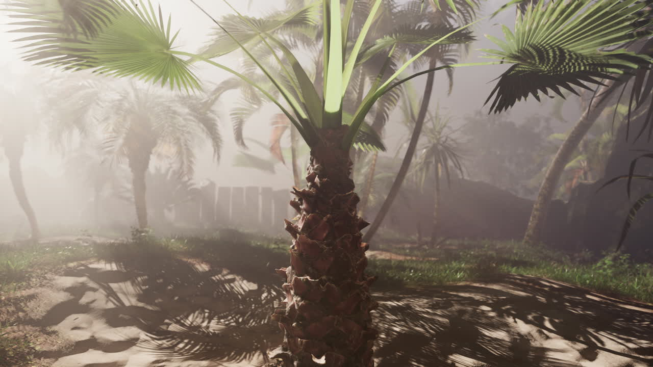 un exuberante bosque tropical con palmeras y niebla