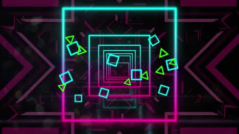 Animation-of-a-tunnel-of-neon-glowing-geometric-square-with-pink-stars-moving-in-repetition-on-black