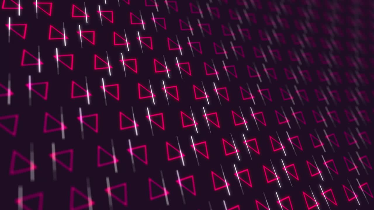 Dynamisches, abstraktes Muster aus glühenden Neon-Dreiecken und sich bewegenden Linien