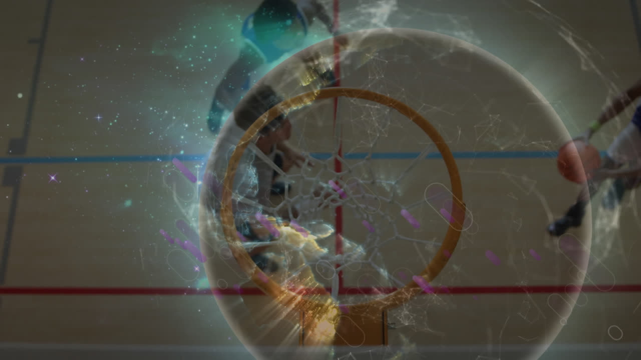 animación de la red de conexiones y el mundo sobre un grupo diverso de jugadores de baloncesto masculinos