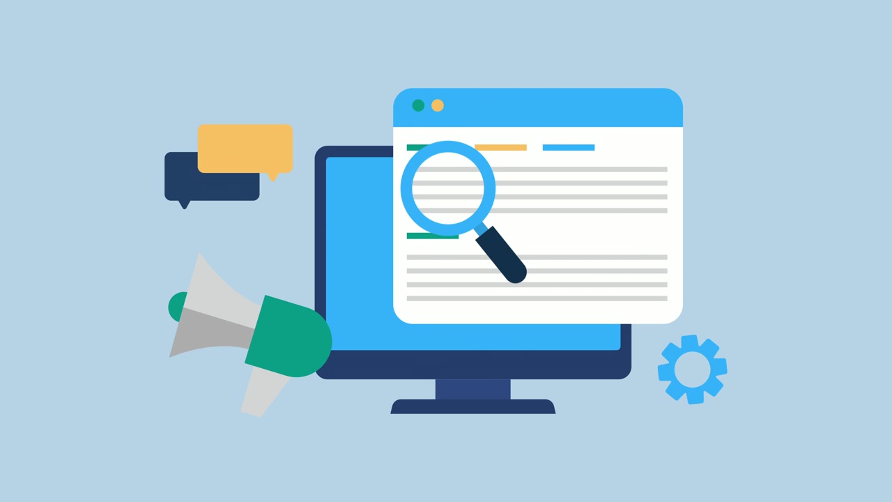 Monitor di computer animato che mostra concetti di marketing digitale e SEO