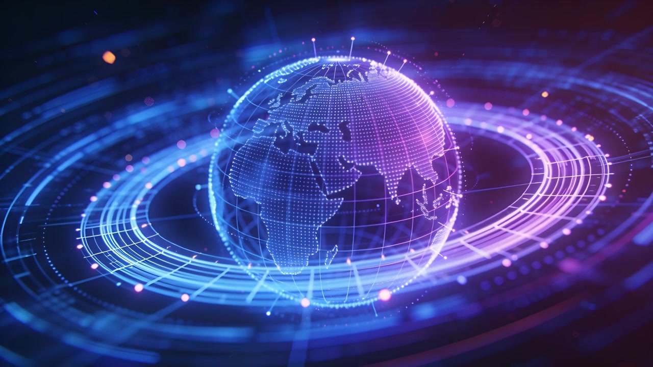 Roterende prikket hologramglobus som vipper mot Asia i et neon-brukergrensesnitt, med en oransje gnist som utløser ringpulser.