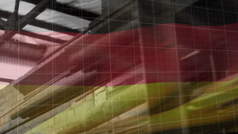 animation of red diagram, data processing and flag of germany over factory