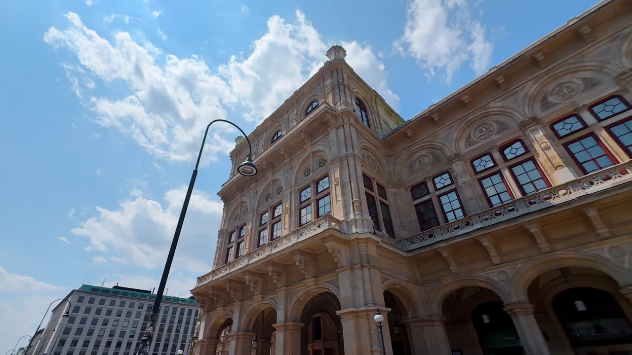 Vienna, Austria - June 9, 2025: Striking old architecture of Austria. Low angle view at the building of Vienna State Opera