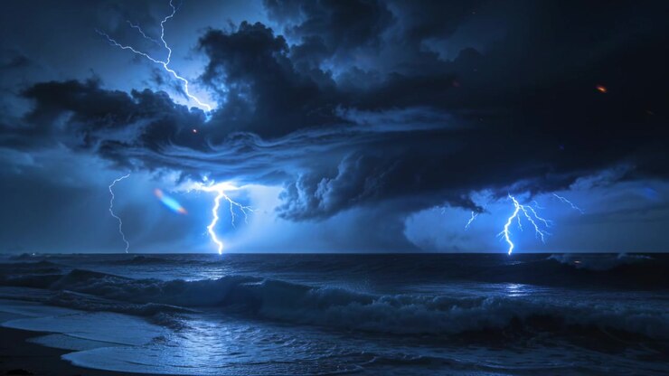 Fulmini lampeggianti che colpiscono una nube a mensola sull'oceano, illuminando nuvole e sabbia bagnata
