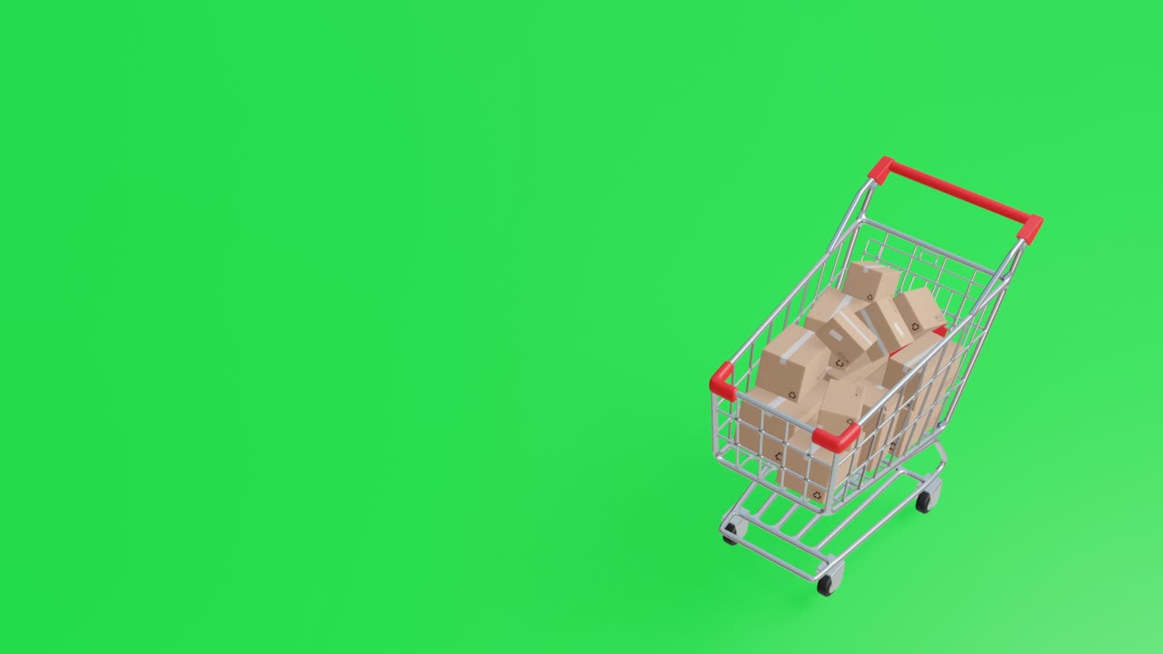 un video de animación 3d realista que muestra un carrito de compras deslizándose en la escena con una gran caída de productos apilados en concepto, venta y promoción de marketing de descuento en pantalla verde.