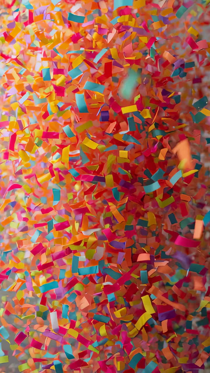 Vertical video: Releasing bright confetti from offframe launcher, drifting through center in studio