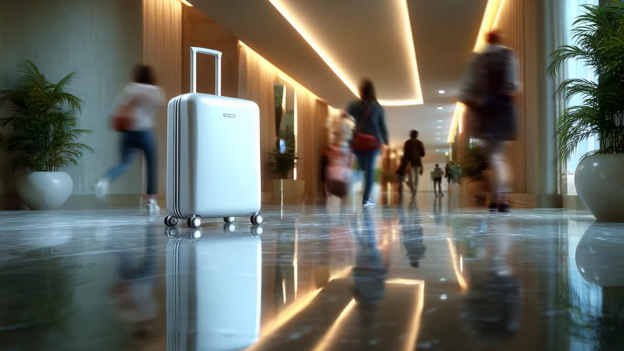 A sleek, modern suitcase stands prominently in a bustling hallway, reflecting the vibrant lights and dynamic movement of travelers, embodying the essence of mobility, adventure, and contemporary design in a great setting