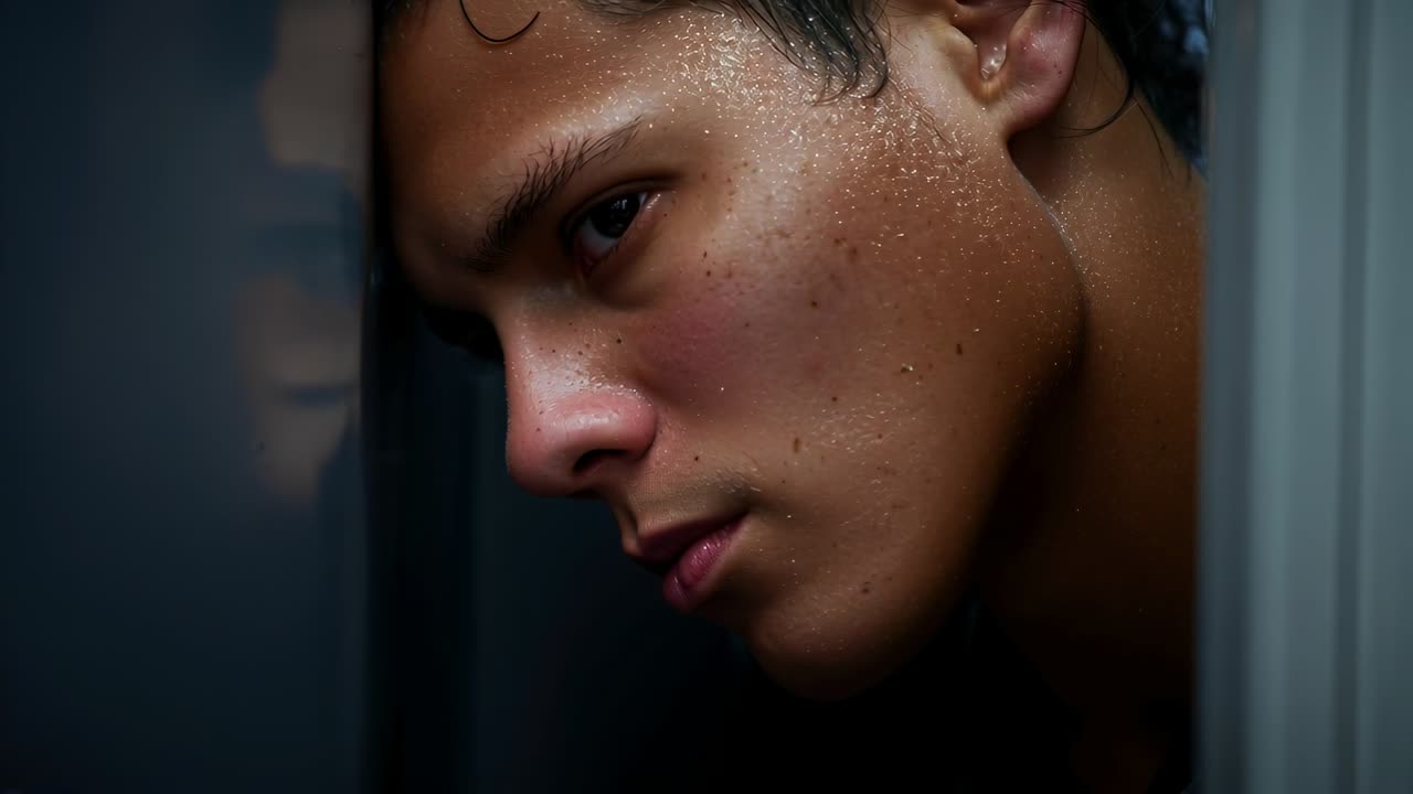 Vertical video: Catching breath, Asian man leaning into metal gap at lockers to peer out with sweat