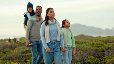 happy, love and nature family walking