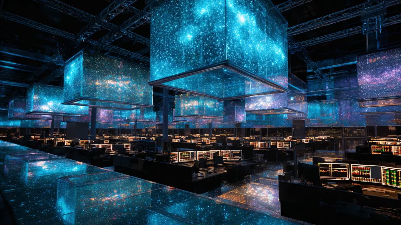 Futuristic command center with rows of workstations and suspended glowing cubes projecting blue purple particle data, evoking cyberspace, big data and high tech trading