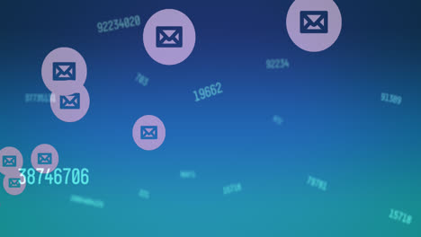 animación de múltiples iconos de mensajes y números cambiantes contra un fondo de gradiente azul