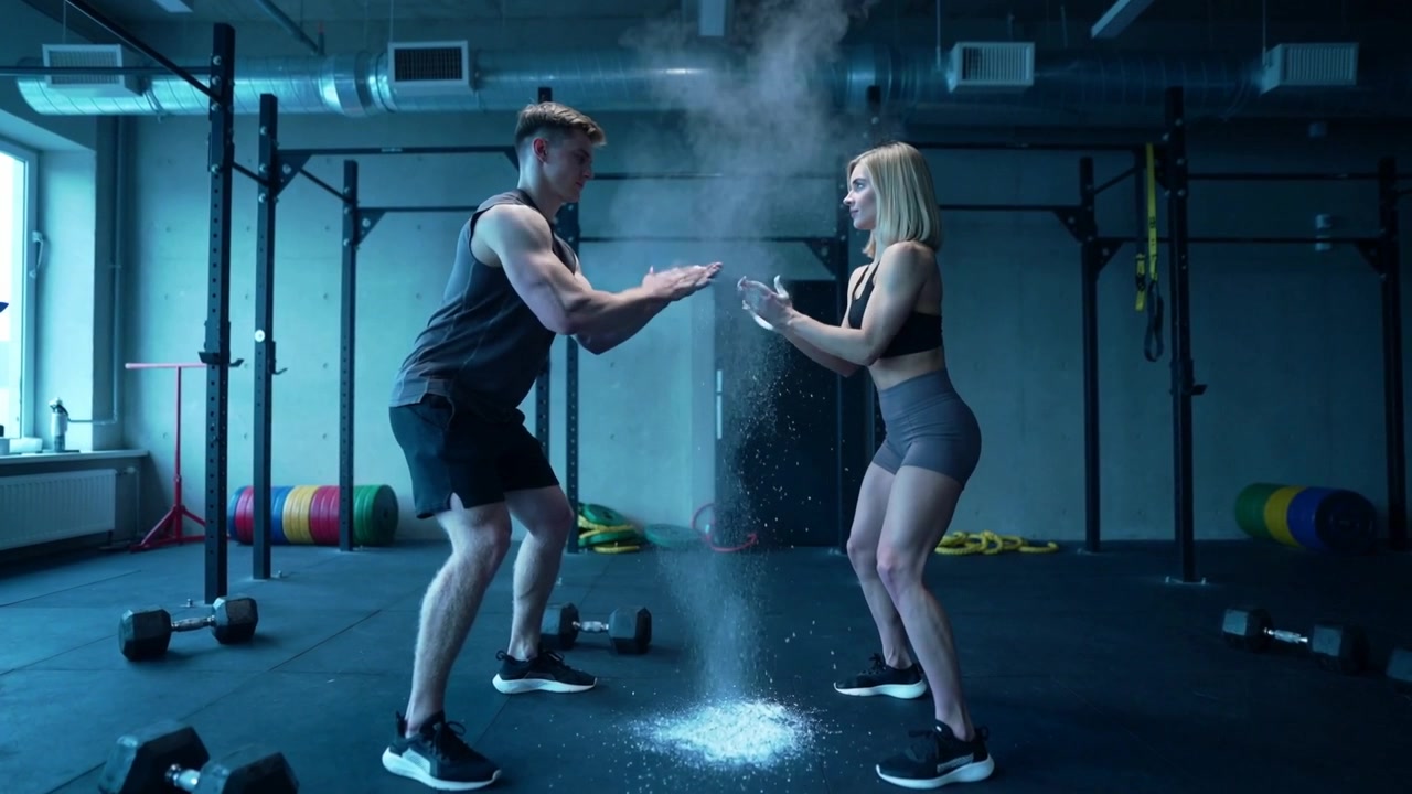 Mentre si passano il gesso, un uomo e una donna applaudono in palestra, indossando abbigliamento sportivo, preparandosi per un sollevamento.