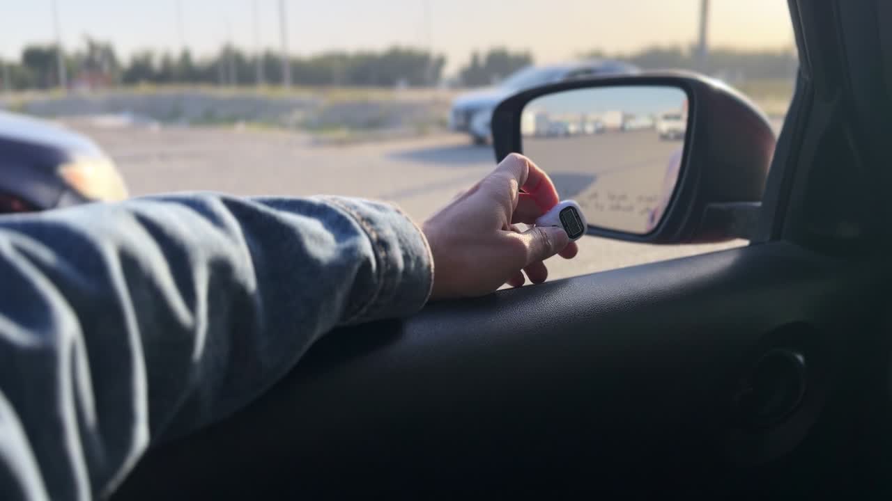 Close-up of a driver’s hand holding a small digital tally counter inside a vehicle, with side mirror reflecting parked cars and road scene during daylight travel