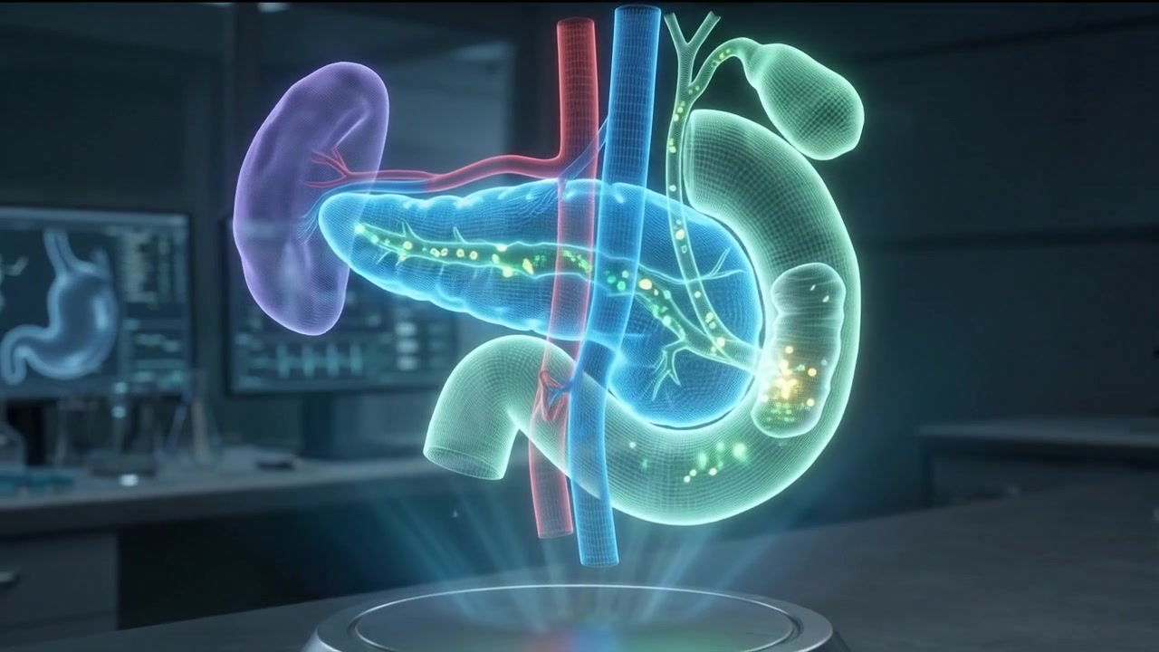 Pancreas and duodenum hologram with bile ducts on digital medical interface