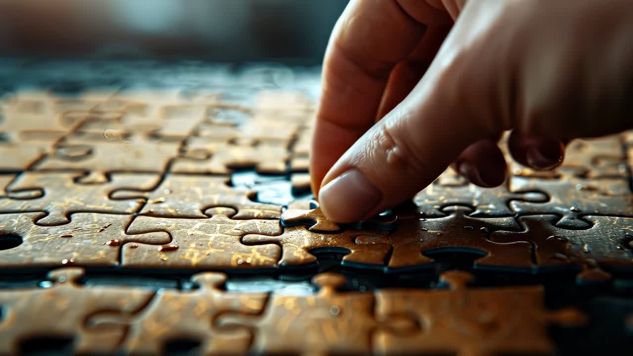 Person solving a puzzle at home. A hand is placing a piece in a jigsaw puzzle at a table in a cozy room during the daytime