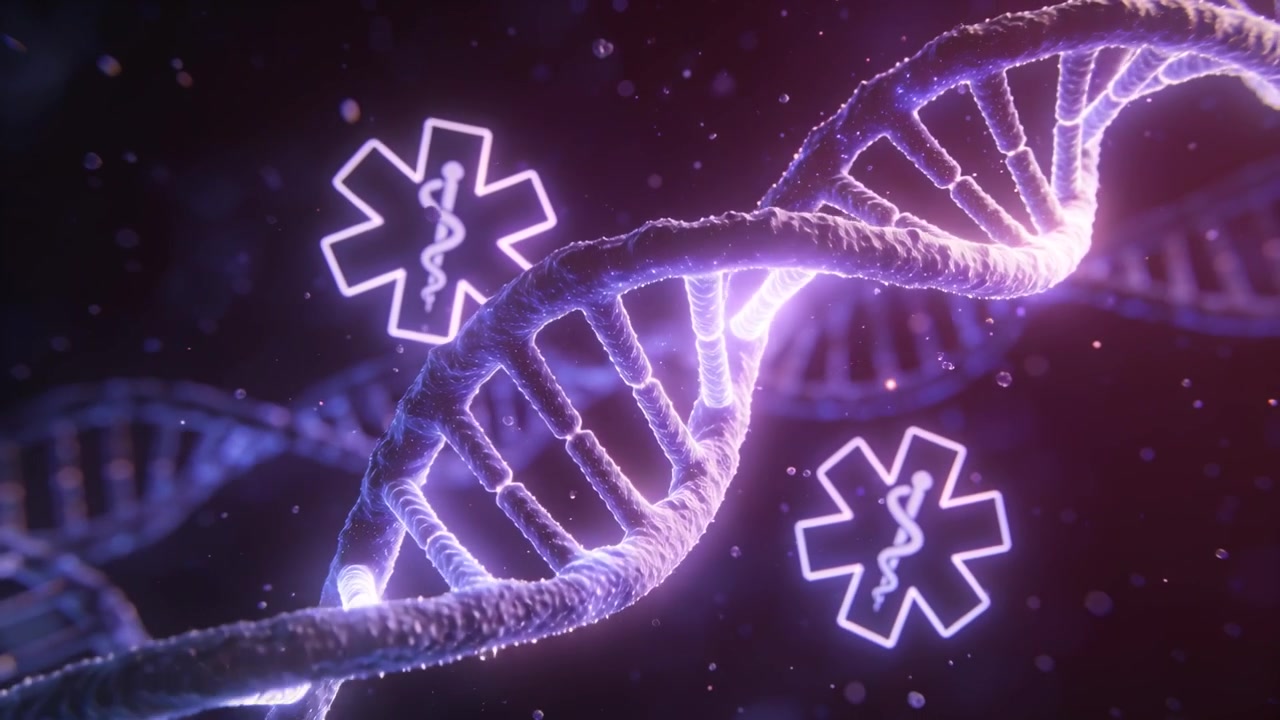 Doppia elica di DNA luminosa che ruota e si sposta, rivelando i pioli in laboratorio, mostrando icone della stella della vita.