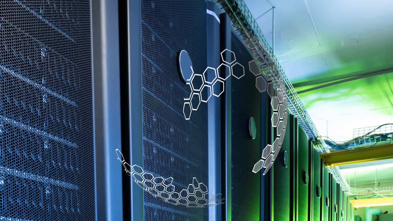 animación de un globo giratorio contra la sala del servidor de la computadora