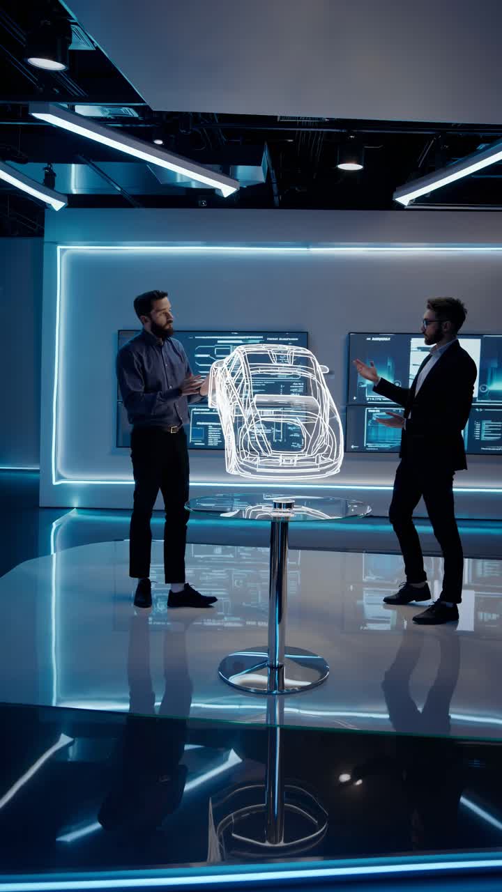 Futuristic video concept with two men discussing a holographic car design