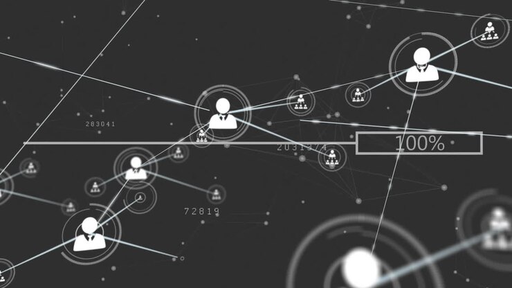 Animazione di una rete di connessioni con icone su sfondo nero.