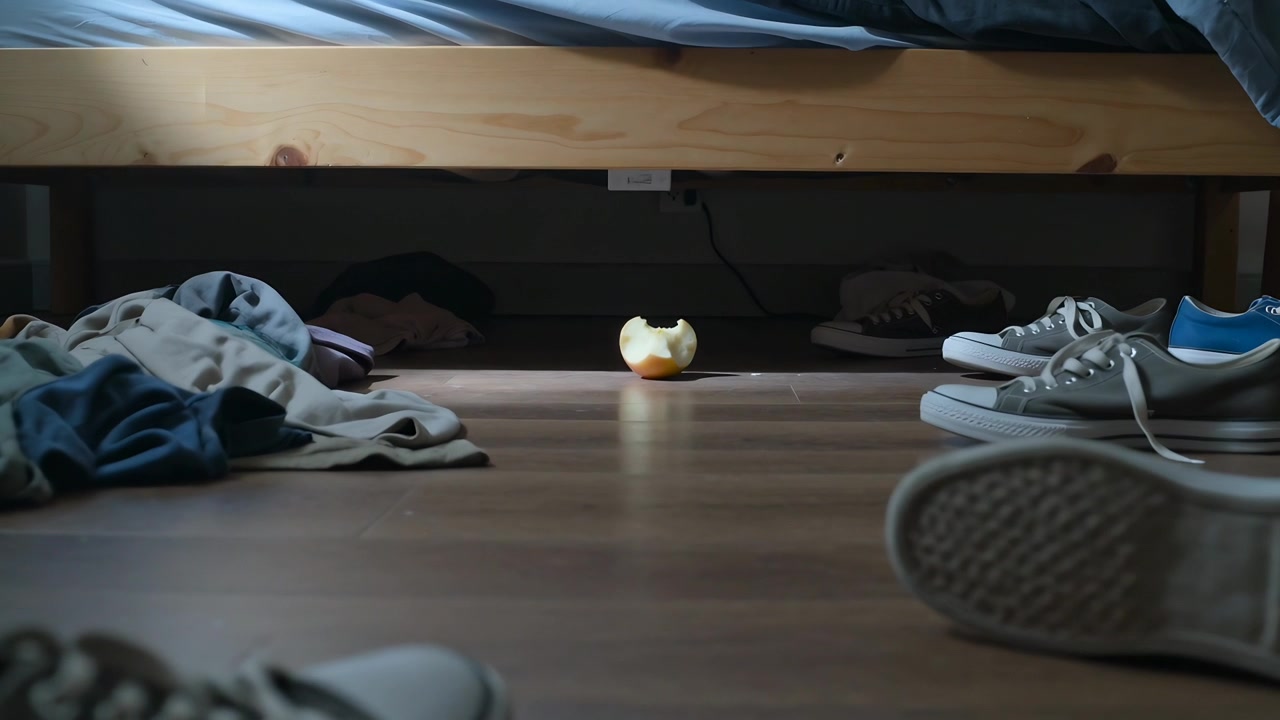 Sequence showing bitten apple shifting forward beneath wooden bed, becoming visible among sneakers