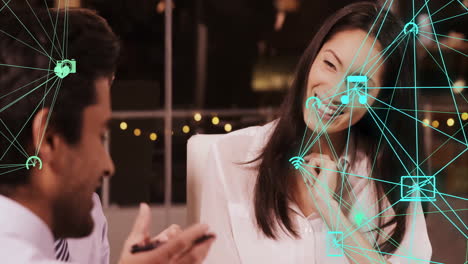 laughing woman with network connections and data processing animation over her