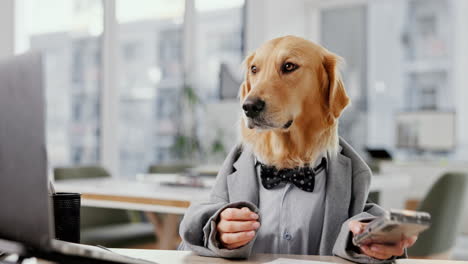 anthropomorphic dog in business suit talking on telephone in office