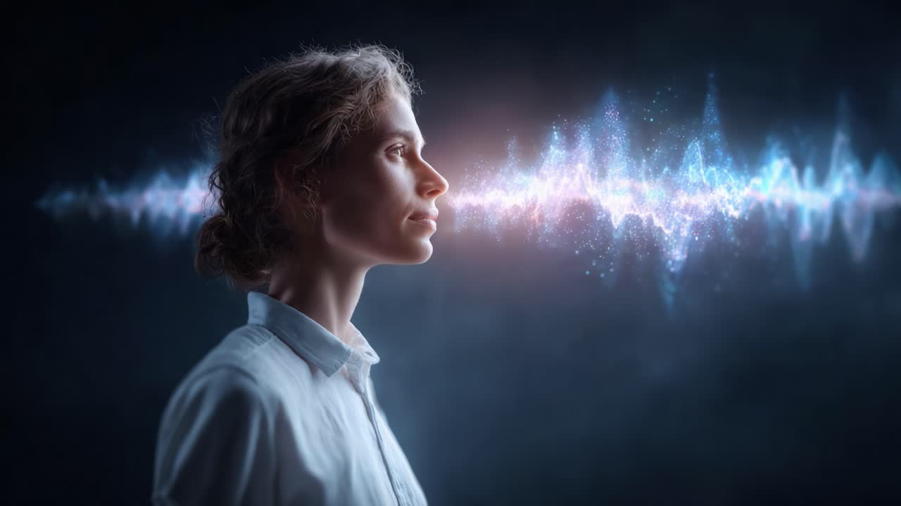 Un profilo riflessivo di una donna impegnata nella visualizzazione del suono, che cattura l'essenza di onde ed emozioni in un ambiente etereo e onirico