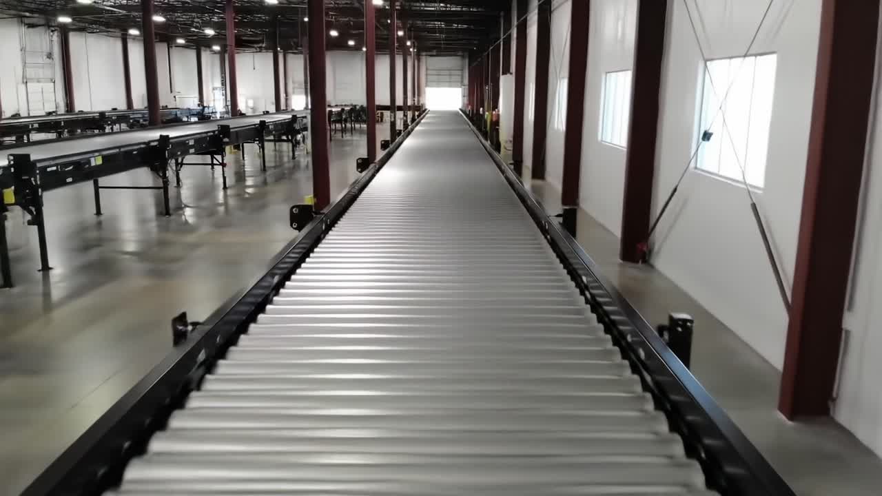 A conveyor belt system stretches through a spacious warehouse, smoothly transporting items along its length. Workers are seen managing the process as daylight fills the space.