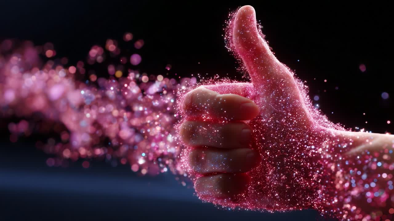 A Magnificent Display of Sparkling Glow: An Artistic Representation Showcasing a Hand with a Thumbs Up Gesture, Embellished by an Iridescent Trail of Shimmering Particles Emitting Vibrant Colors