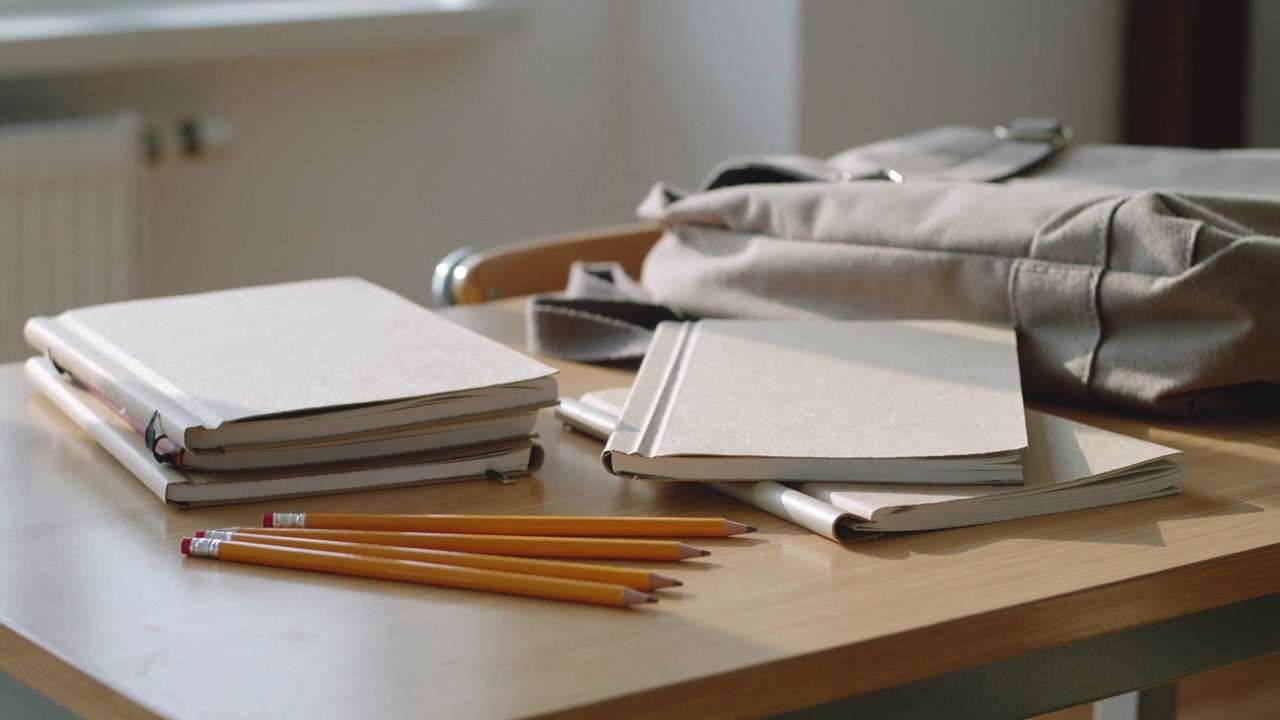 Shifting shot bringing stacked notebooks, six yellow pencils into focus at desk revealing backpack