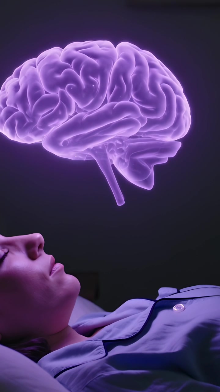 Video verticale: Cervello viola che si solleva sopra la testa, donna in top abbottonato che dorme a casa, spazio per il testo