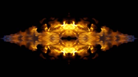 video crudo en cámara lenta de 4k de fuego, explosión, explosión de fuego, chorro de corriente de fuego aislado en un fondo negro con reflejo y efecto espejo como en un caleidoscopio. hermoso patrón de espejo de fuego.