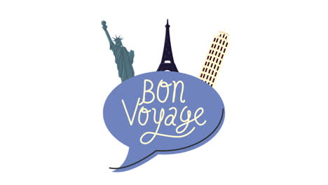 bon voyage lettering in speech bubble with landmarks