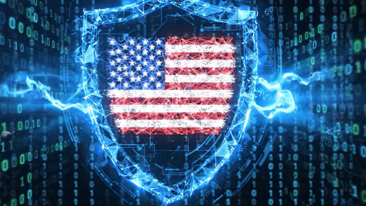 A Digital Shield Symbolizing Cybersecurity and Data Protection in a Binary World with an American Flag Representation, Highlighting the Importance of Safeguarding Information.