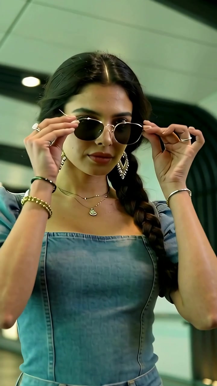 Video verticale: Donna in denim che cammina verso la telecamera, osserva le luci e si sistema gli occhiali da sole nel centro commerciale.