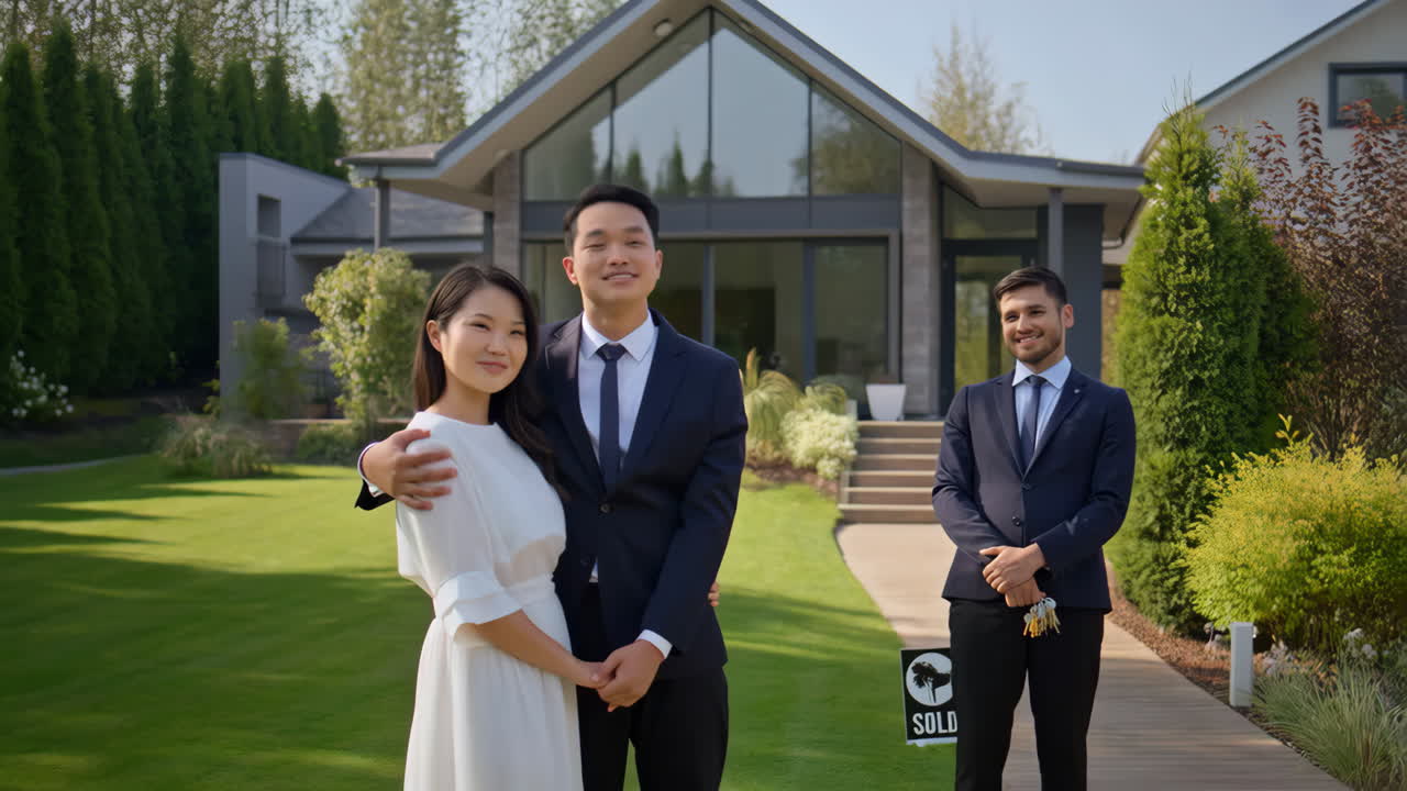 Happy Couple Buys New Modern House with Real Estate Agent